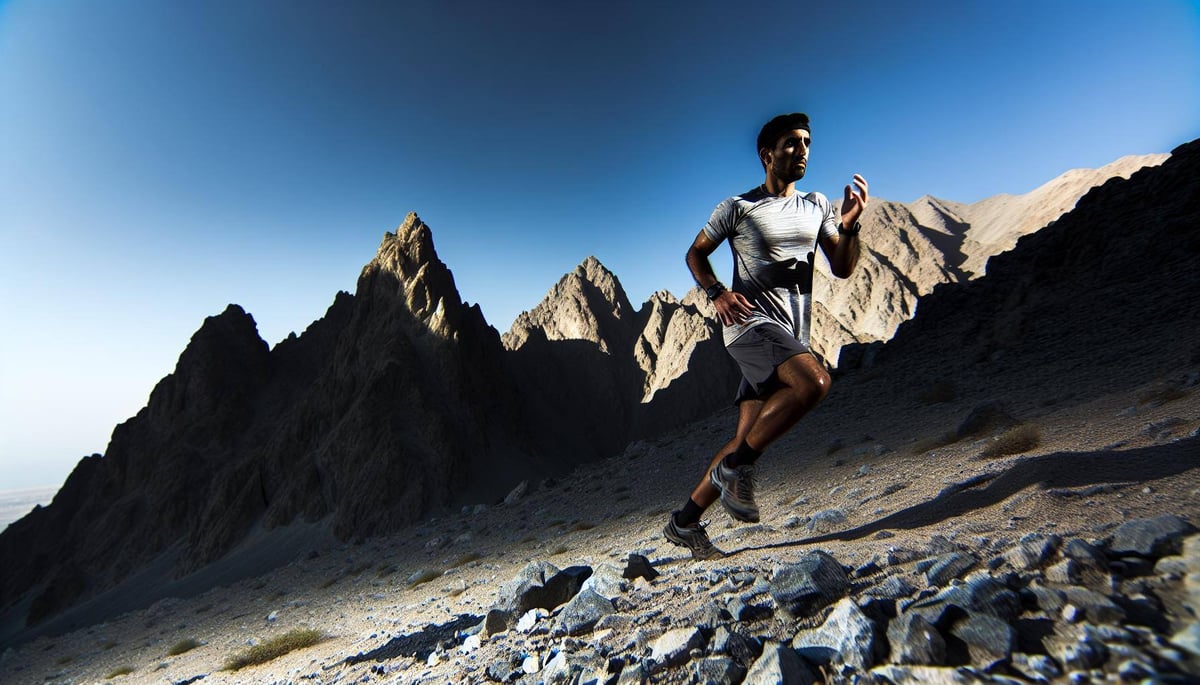 fit athlete running up difficult and steep mountain terrain