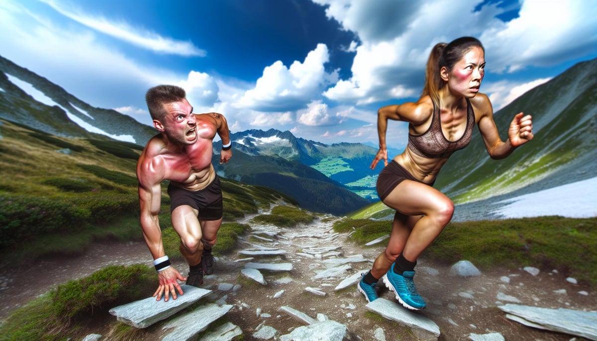 two athletes running up mountain